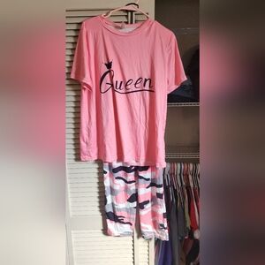 Pink Queen T-Shirt and Camouflage Shorts Set